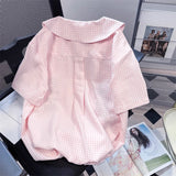 Znbbw Vintage Blouses Cartoon Embroidery Plaid Lace Up Tops Button Cardigan Summer Cute Sweet Peter Pan Collar Girl Shirts