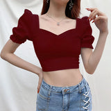 Znbbw Women's Solid V-Neck Slim Fit Open Navel Short Sleeve Top T-shirt Solid Square Neck Sexy Open Navel Pullover T-shirt