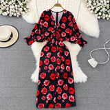 Znbbw Autumn Shirt V-neck Dress Women Korean Sexy Elegant Party Lantern Sleeves Waist Mid-length Birthday Dress for Women GD770