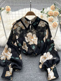 Znbbw Autumn Puff Sleeve Shirts Blouse Women Floral Long Sleeve Lapel Buttons Vintage Shirts Elegant Blouses Tops Female GD631