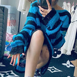 Znbbw Punk Gothic Long Unisex Sweater Summer Women Striped Cool Hollow Out Hole Broken Jumper Loose Rock Thin Dark Streetwear Top