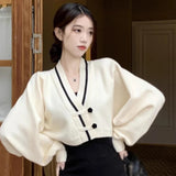 Znbbw Women's Sweater Korean Version V Neck Contrast Colors Loose Sweet  Gentle Chinese Style Short Sweater Cardigan