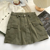 Znbbw Vintage Women A Line Skirt Korean Streetwear High Waist Mini Skirt Y2K Casual All Match Female Pocket Cargo Skirt New