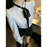 Znbbw Shirts Women Jk Preppy Tie Puff Long Sleeve Blouses Student Lolita Office Lady Korean Ruffles Slim All Match Crop Tops New