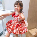 Znbbw Pleated Tutu Skirt Summer Party Clothes Bow Lace Girls Plaid Printing Sleeveless Dress