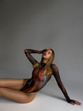 Znbbw Tie Dye Bodysuit Long Sleeve Lingerie Body Uncensored Tight Fitting Woman Crotchless Mesh Sexy Tops See Through Outfit