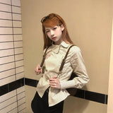 Znbbw Striped Shirts Women Y2K Embroidery Slim Blouses Student Preppy Harajuku Japanese Korean Long Sleeve Casual Crop Tops