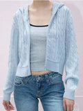Znbbw Twist Knitted Hooded Cardigan Women Autumn Casual Cotton Ribbed Trim Zip-up Sweater Vintage Streetwear Cropped Tops Coat