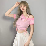 Znbbw Collar Off Shoulder Women Tees Y2k Punk Summer Draw String Gothic Contrast Color Crop Top Sweet Sexy Female Slim T Shirts