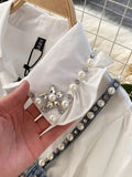 Znbbw Autumn New Blouse Women's Diamond Beaded Puff Sleeve Blusa Top Tassel Pearl Sling Waistcoat Two-piece Stacking Shirt C813