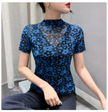 Znbbw Autumn Mesh Tshirts Women Short Sleeve Half Turtleneck Printed Floral Tees Girls Slim Elastic T Shirts Tops BH3878