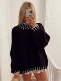 Znbbw Solid Patchwork Knit Sweater Women Fashion Loose Long Sleeves Pullover 2023 Autumn Office Ladies Commute Streetwear