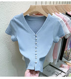 Znbbw T Shirts Women V-Neck Pearl Buttons Cropped Tshirt Tee Lady Solid Slim Cardigan Crop Top for Female