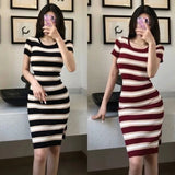 Znbbw Women's Dress  Hip Striped Elegant Short-sleeved  Knit Crew Neck Dress