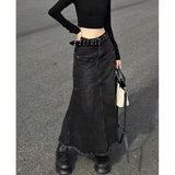 Znbbw Vintage Denim Skirts Women Tassel Midi A Line Skirt Jeans Streetwear Korean High Waist Raw Edge Slim Casual Mermaid Skirt