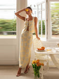 Znbbw Printed Bandage Women Dress Sets Retro Sleeveless Square Collar Strap Top Lady High Waist Slit Skirt 2024 Spring Summer