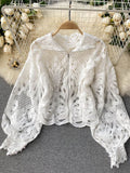 Znbbw 2023 New Fashion Blouse Female Hollow Lantern Sleeve Temperament Blusa Stand-up Collar Slim Short Lace Shirt C342