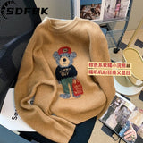 Znbbw Women Sweaters Autumn Winter Cartoon Bear O-neck Harajuku Patchwork Pullover Y2K Kawaii Long Sleeve knitted Soft Sweater Tops 0410