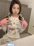 Znbbw Y2k T Shirts Long Sleeve Contrast Color Cartoon Print Aesthetics Crop Tops Spring Female Slim Gyaru 2000s Girl Clothing