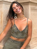 Znbbw Women Vintage Embroidery Sling Tank Two Pieces Sets Summer Female V-neck Sleeveless Crop Top+high Waist Straight Leg Pants Suit