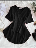 Znbbw Women's Shirt Korean Fashion Black Red Solid Color V-neck Short Sleeve Ruffled Tops Blouses GD471