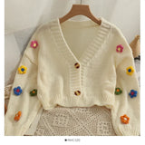 Znbbw New Autumn Colourful Applique Flower Cardigan for Women Cute Long V-neck Knit Crop Sweater Girl Soft Knitwear