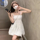 Znbbw Black Fluffy Camis Dress Women Summer Fashion Spaghetti Strap White Dress Female Sleeveless Birthday Party Dress New