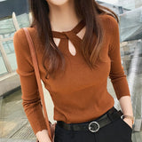 Znbbw Autumn and Winter Women's Slim Stretch Sexy Pullover Hollow Solid Color Sweater Slim Bottoming Shirt Sweater Ladies