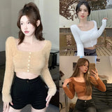Znbbw Version Solid Color Square Neck Sweater Slim Fitting Fashion Exposed Navel Long Sleeved Cardigan Sweater