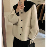 Znbbw Wool Blends Coats Women Korean Cropped Woolen Overcoat Sweet Peter Pan Collar Short Jackets Streetwear Casual Outwear