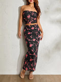 Znbbw Floral Print 2Pieces Tube Top Skirt Suits Women Summer Party Dress Sets Off-Shoulder Cropped Bandeaus+Wrap Long Skirts