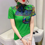 Znbbw Spring Print Tees Women Turtleneck Soft Short Sleeve T Shirts Lady Mesh Elegant Stretchy Tops Tees Female T-Shirt