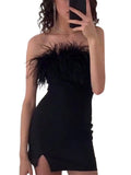 Znbbw Feathers Off-Shoulder Mini Dress Elegant Party Wrap Bodycon Dresses Summer Women Sleeveless Slash Neck Tube Dress