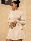 Znbbw Sexy Flare Sleeve O Neck Pleated Mini Dress For Women Robe Autumn Long Sleeve Ruched Short Dress Clubwear Vestido