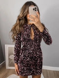 Znbbw Beading Sequined Dress Women Elegant Backless Long Sleeve Mini Skirt Autumn Spring Fashion Female Party Dresses