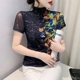 Znbbw Printed Mesh T Shirt Women Short Sleeve Turtleneck TShirts Lady Basic High Stretch Tops Tees