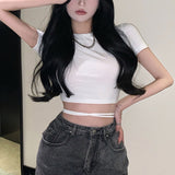Znbbw 2023 Sexy Party Short Sleeve Tops Women Backless Hollow Out Short Crop Tops Camisoles Streetwear White Lace Up Crop Tops