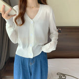 Znbbw V Neck Cardigan Women Casual Transparent Sweater Shirts Lady Simple Thin Solid Outwear Female Crop Top