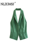 Znbbw TRAF Summer Fashion Sexy Women Green Vest Women Halter Sleeveless Backless Top Female Y2K Tanks
