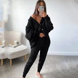 znbbw Women Knitting Two Pieces Sweater Suit Hemp Flower V-Neck Single-Breasted Cardigan + Pants Lady Winter Casual Sweater Set
