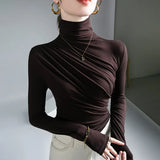 Znbbw Women Turtleneck Full Sleeve Folds T Shirts Lady High Quality Elegant Elastic Tops Tees Female T-Shirt