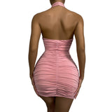 Znbbw Fashion Women Sexy Bandage Ruched Halter Slip Dress Sleeveless Backless Solid Bodycon Mini Dress Club Party Sheath Dress