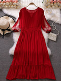 Znbbw Spring Summer Ethnic Style Waist Slim Embroidery O-neck Dress Female Red Seaside Holiday Bohemian Dress Women GD699