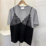 Znbbw Two Piece Ropa Mujer Contrast Lace Patchwork Tops Loose T Shirt Short Sleeve Camisetas Summer Round Neck Clothes Women