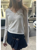Znbbw Raw Trim Cotton Long Sleeve T Shirt Women Autumn Sweet V Neck Casual Simple Tee Tops Harajuku Vintage Cute T-shirts Y2k