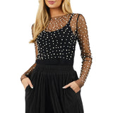 Znbbw Women Sexy See-through Pearls Mesh T-shirt Long Sleeve Crew Neck Slim Fit Tops Club Party 2023 Spring Summer Ladies clothes