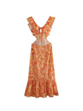 Znbbw TRAF Summer Elegant Dress Casual Strap Ruffles Tassel Printing Slim LongSling Backless Dress For Women