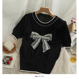 Znbbw Style Beading Bowknot T Shirts Women's O Neck Short Sleeve Knitted Sweet Tee Tshirt Summer Slim Thin Top