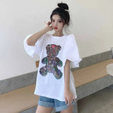 Znbbw Funny Cartoon Bear Print Tops O Neck Puff Short Sleeve T Shirt Women Sweet Fashion T Shirts Summer 2024 New Ropa Mujer