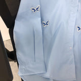 Znbbw Women Shirts Long Sleeve Butterfly Embroidered Blouses Spring Lapel Temperament Solid Female Blusas Basic Outwear Top